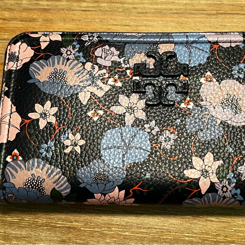 Tory Burch Thea Zip Black Continental Wallet with Blue and Pink Floral Design